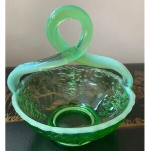 Antique Opalescent Green Glass Candy Dish Bowl JEFFERSON Glass Loop Handle